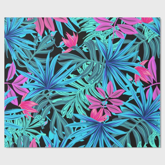 Papier Cadeau Feuilles tropicaux en cadeau bleu et rose (Plat)