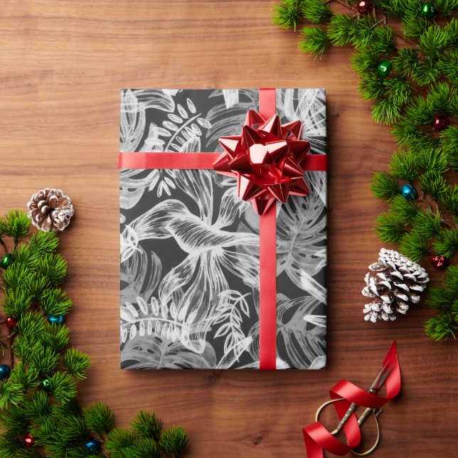Papier Cadeau Feuilles tropicaux noirs et blancs (Cadeau de vacances)