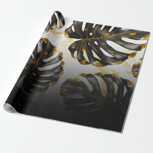 Papier Cadeau Feuilles tropicaux noirs et dorés