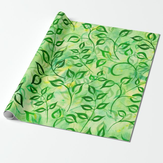 Papier Cadeau Feuilles vert aquarelle sur un fond jaune-vert (Déroulé)