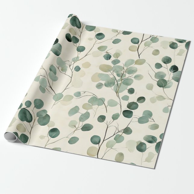 Papier Cadeau Feuilles vertes terreuses avec fond crème automnal (Déroulé)