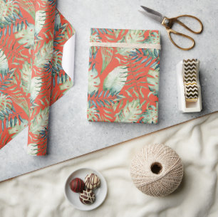Papier Cadeau Feuilles Vertes Tropicales Orange 