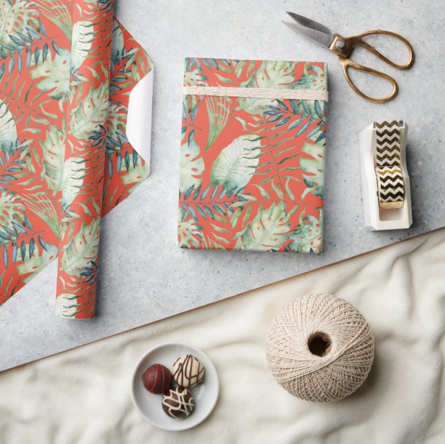 Papier Cadeau Feuilles Vertes Tropicales Orange  (Artisanat)