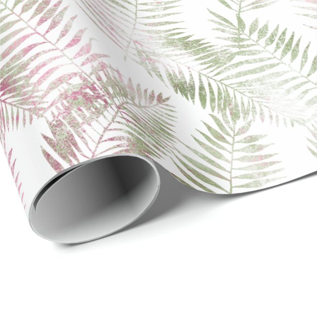 Papier Cadeau Feuilles verts rose tropical (Coin rond)