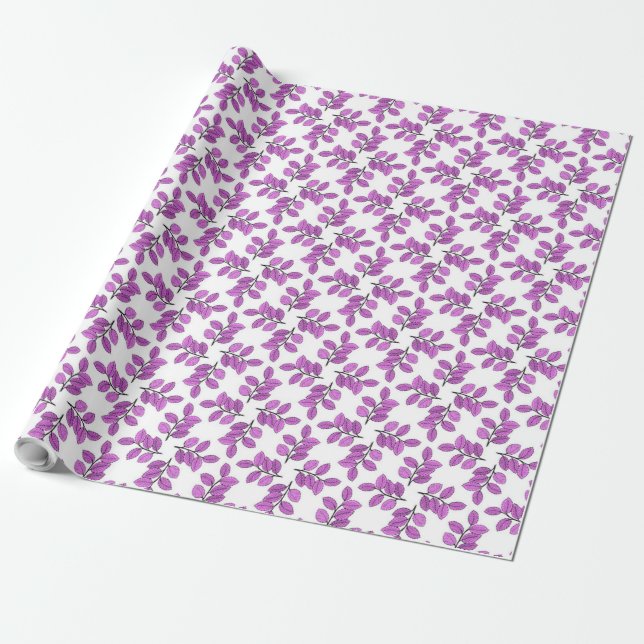 Papier Cadeau Feuilles violets sur blanc (Déroulé)