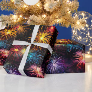 Papier Cadeau Feux d'artifice arc-en-ciel élégants sur fond noir