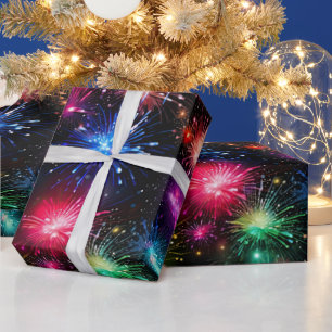Papier Cadeau Feux d'artifice arc-en-ciel élégants sur fond noir
