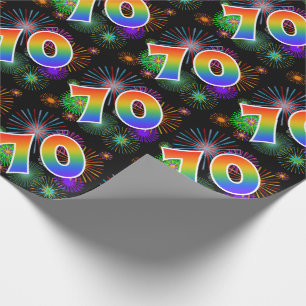 Papier Cadeau Feux d'artifice colorés + Motif "70" d'arc-en-cie