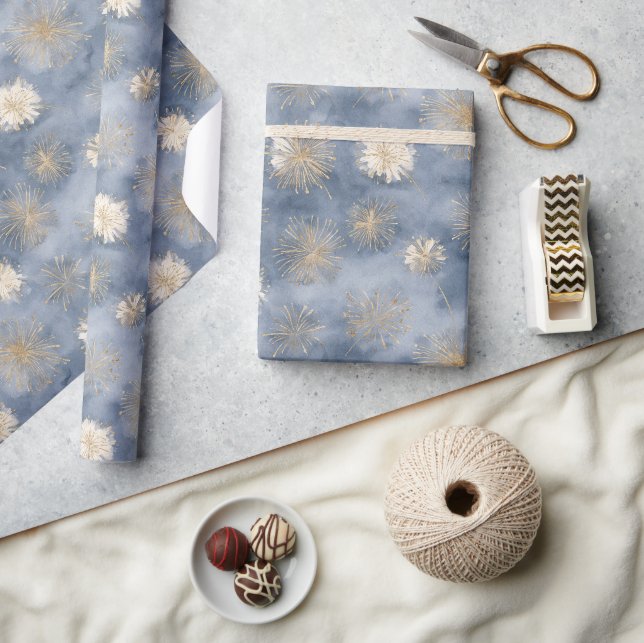 Papier Cadeau Feux d'artifice pailletés or blanc bleu (Artisanat)