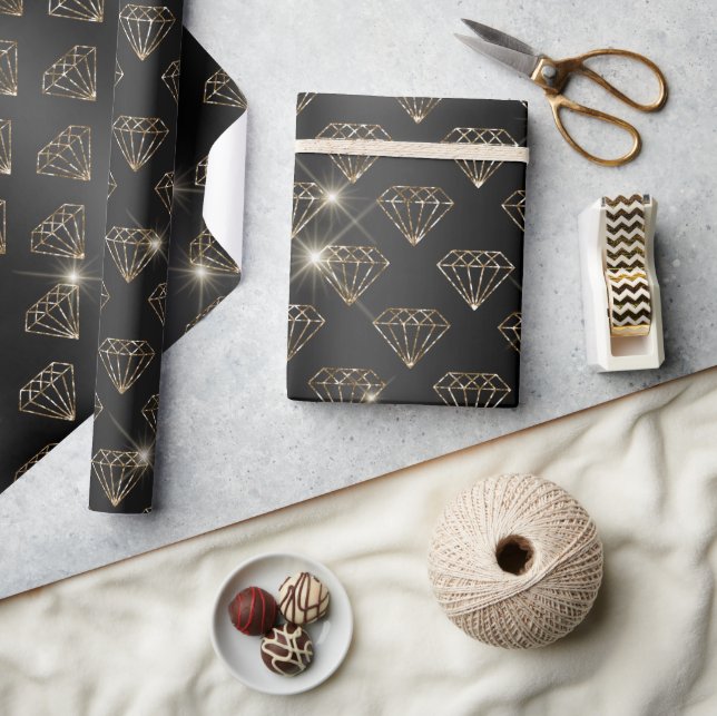Papier Cadeau Fiançailles De Mariage Élégant Diamant Noir Et Or (Artisanat)