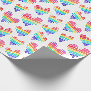 Papier Cadeau Fierté Arc-en-ciel Coeurs d'aquarelle blanc