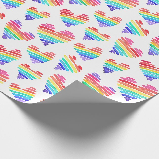 Papier Cadeau Fierté Arc-en-ciel Coeurs d'aquarelle blanc (Coin)