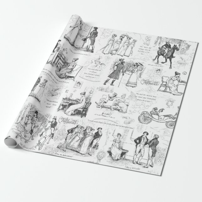Papier Cadeau Fierté et préjugé Citations de Toile Gris Illustra (Déroulé)