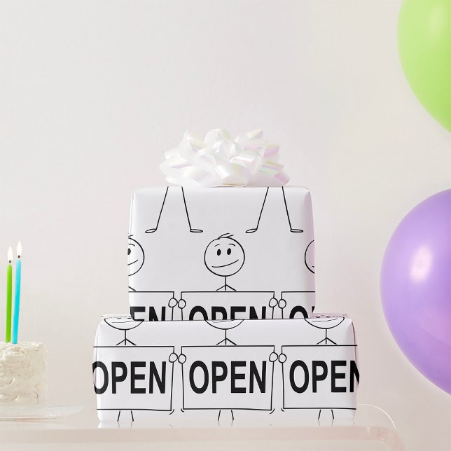 Papier Cadeau Figure de bâton drôle tenant le signe ouvert (Créateur téléchargé)