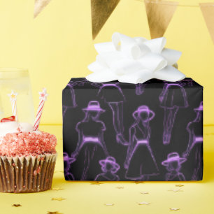 Papier Cadeau Figures de ligne de mode violet néon sur fond noir