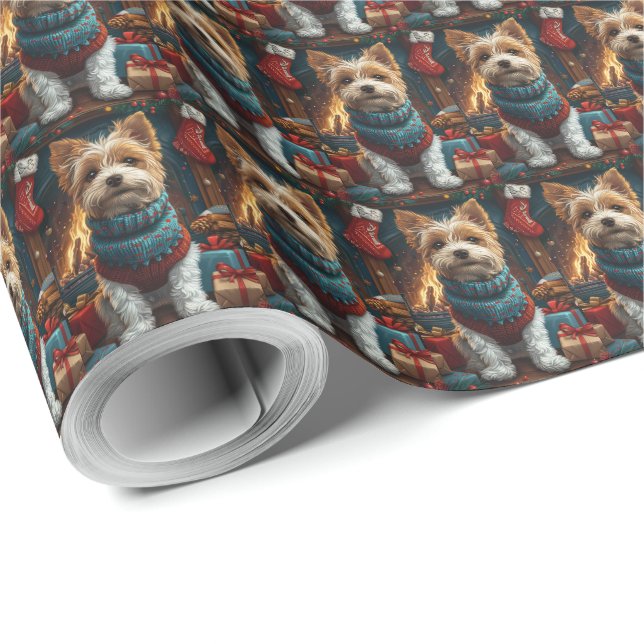 Papier Cadeau Fil Fox Terrier Chien Avec Cheminée Cadeau de Noël (Coin rond)