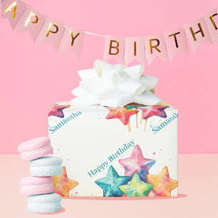 Papier Cadeau Fille Aquarelle étoile arc-en-ciel Anniversaire