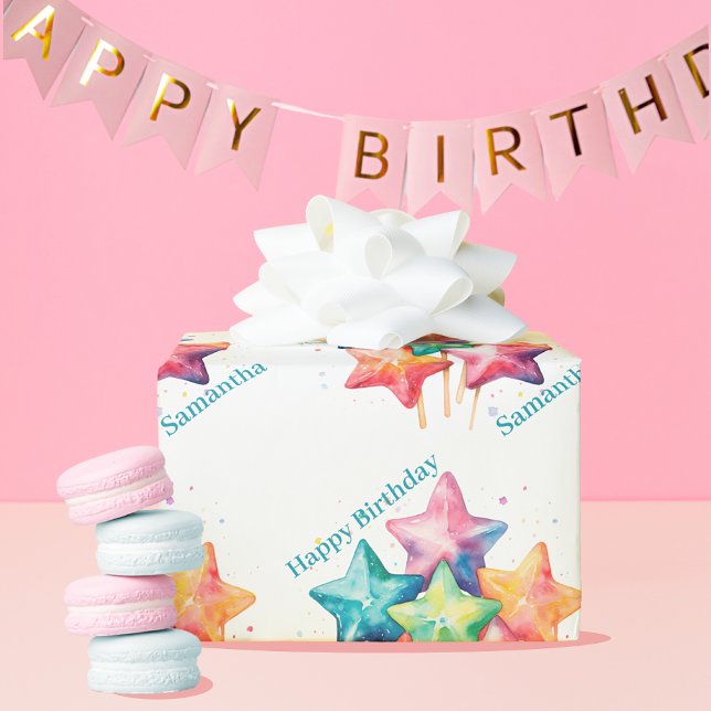 Papier Cadeau Fille Aquarelle étoile arc-en-ciel Anniversaire (Créateur téléchargé)