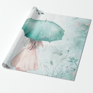 Papier Cadeau Fille au parapluie sarcelle Jardin pluvieux