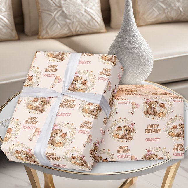 Papier Cadeau Fille Automne Mignonne Ours Nom du texte 2e annive (Girl Fall Autumn Cute Bear Text Name 2nd Birthday Wrapping Paper)