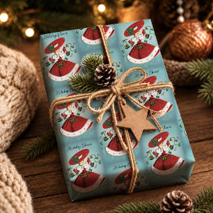 Papier Cadeau Fille aux cloches de Noël vintage vert rouge paill