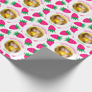 Papier Cadeau Fille aux fraises rose mignonne Photo Anniversaire