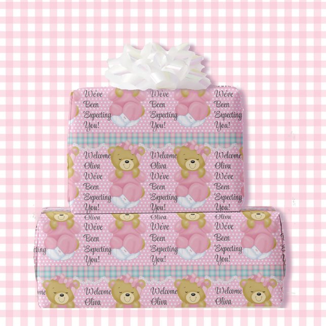 Papier Cadeau Fille Baby shower Teddy Bear Ajouter Nom Pastel Pi (Créateur téléchargé)