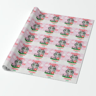 Papier Cadeau Fille bébé personnalisée Chat Premier Noël