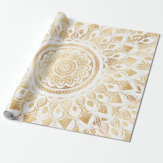 Papier Cadeau Fille Blanc Mandala Or Floral (Déroulé)