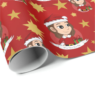 Papier Cadeau Fille de Noël aux cheveux bruns ondulés