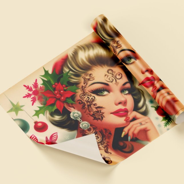 Papier Cadeau Fille de Noël tatouée vintage (Créateur téléchargé)