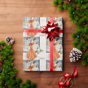 Papier Cadeau Fille De Noël Vintage Par Une Fenêtre Avec Son Chi