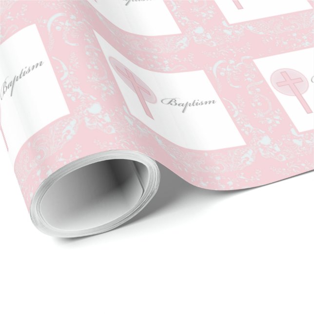 Papier Cadeau Fille en dentelle rose Baptême (Coin rond)