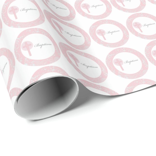 Papier Cadeau Fille en dentelle rose Baptême (Coin rond)