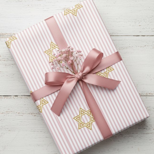 Papier Cadeau Fille juive bébé Simchat Bat Brit Bat rose (Jewish Star of David Baby Girl Wrapping Paper for Bris & Baby Naming Ceremony, Mazel Tov & Hanukkah)