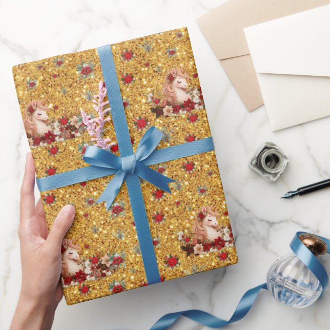 Papier cadeau fille licorne de Noël floral or (Cadeaux)