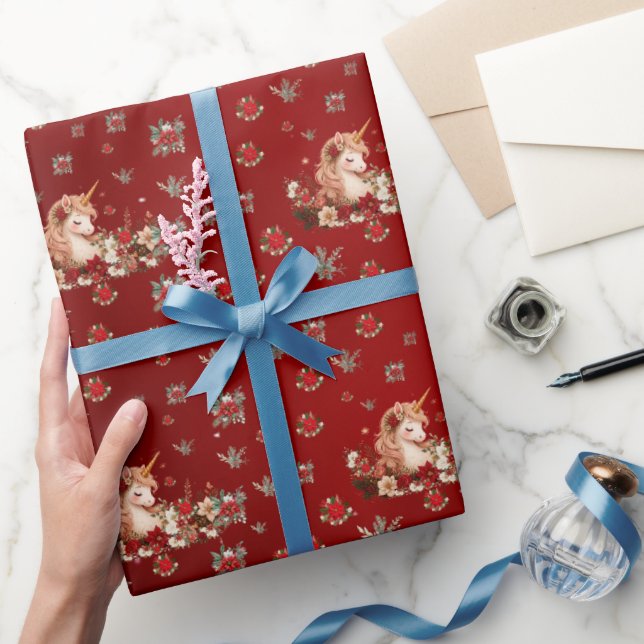 Papier cadeau Fille Licorne de Noël Florale Rouge (Cadeaux)