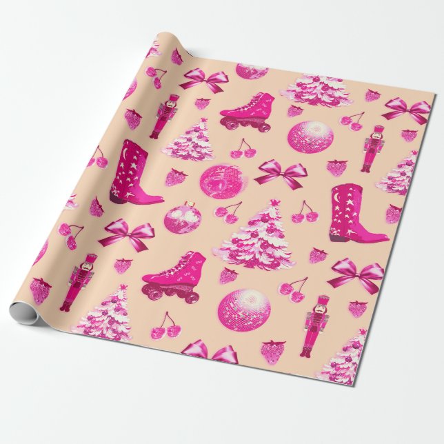 Papier Cadeau Fille mignonne Preppy Pink Noël (Déroulé)