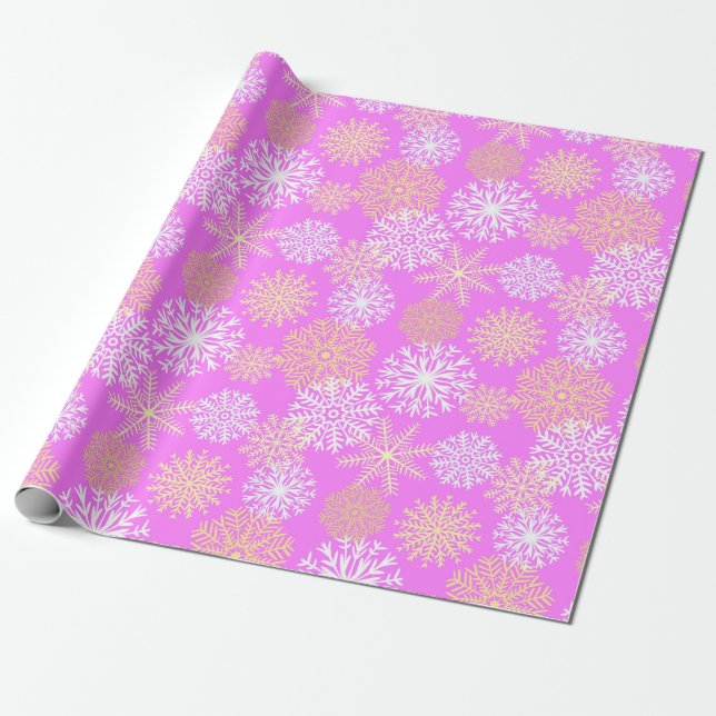 Papier Cadeau Fille Pink Winter Snowflakes Motif Noël (Déroulé)