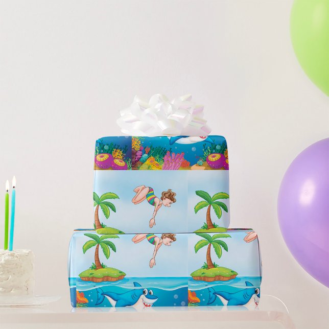 Papier Cadeau Fille plongeant dans l'océan avec un requin ami su (Créateur téléchargé)