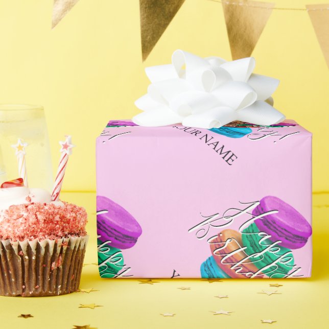 Papier Cadeau Fille rose macaron français cookies personnalisés  (Fête d'anniversaire)