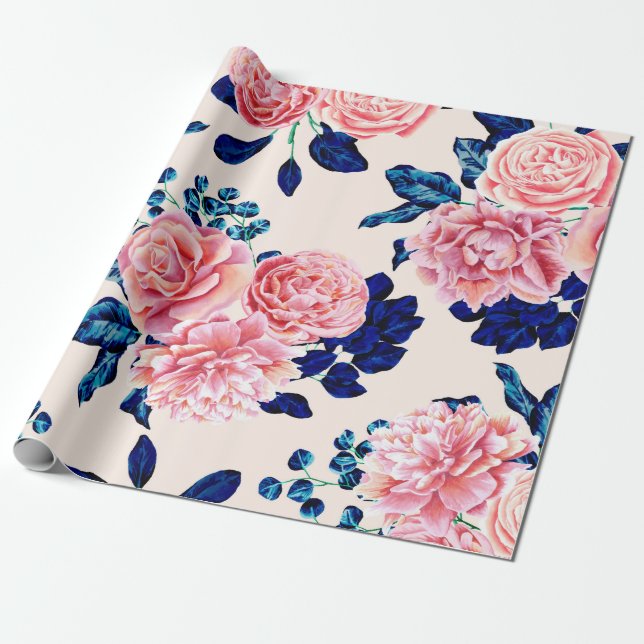 Papier Cadeau Fille Rose Marine Bleu Pays Fleurs Peintes (Déroulé)
