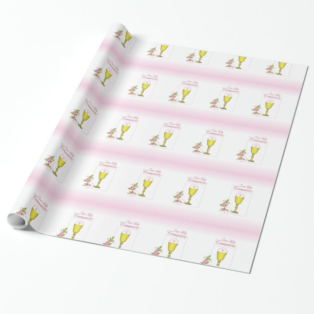 Papier Cadeau Fille Rose Première Communion, Calice, Hostie, Ros (Déroulé)