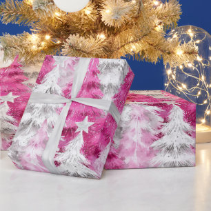 Papier Cadeau Fille rose Silver Glam Arbres de Noël Stripes