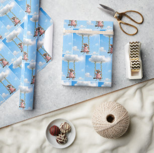 Papier Cadeau Fille Souris Sur une Balançoire d'Été