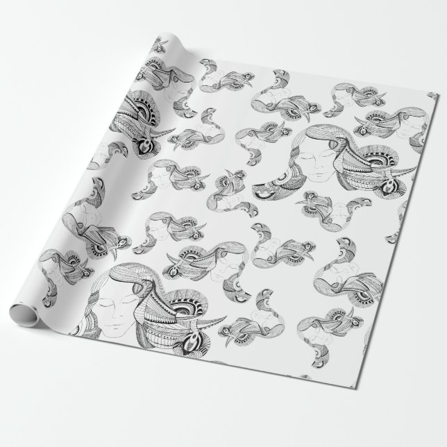 Papier Cadeau Fille tatouée noir et blanc (Déroulé)