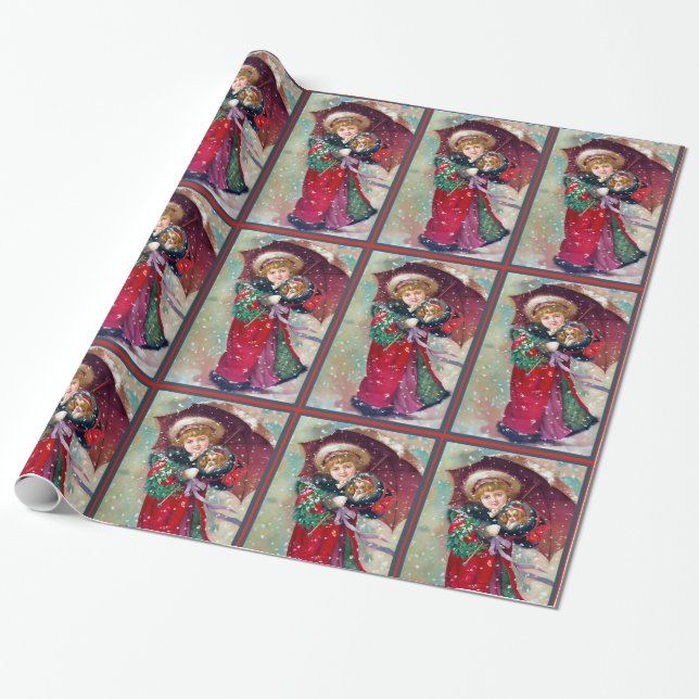 Papier Cadeau Fille victorienne avec Noël de chiot (Déroulé)