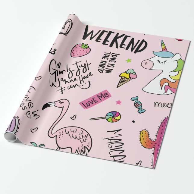 Papier Cadeau Filles concept amusant avec licorne, flamingo, cac (Déroulé)