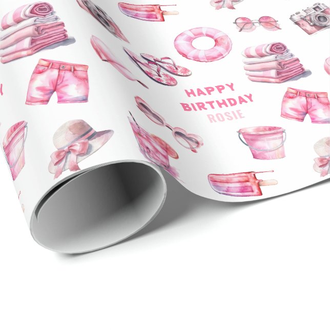 Papier Cadeau Filles d'anniversaire Cool Rose Été (Coin rond)