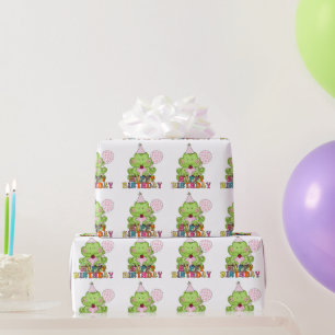 Papier Cadeau Filles Grenouille d'anniversaire avec ballons enve